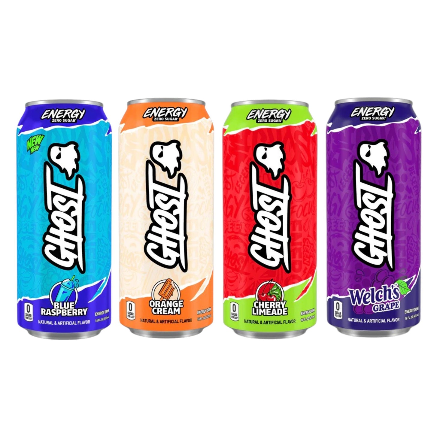 Ghost Energy Drink Variety Pack – 12 Cans (4 Flavors) – Blue Raspberry, Orange Cream, Cherry Limeade, Welch’s Grape – Zero Sugar – 16 fl oz