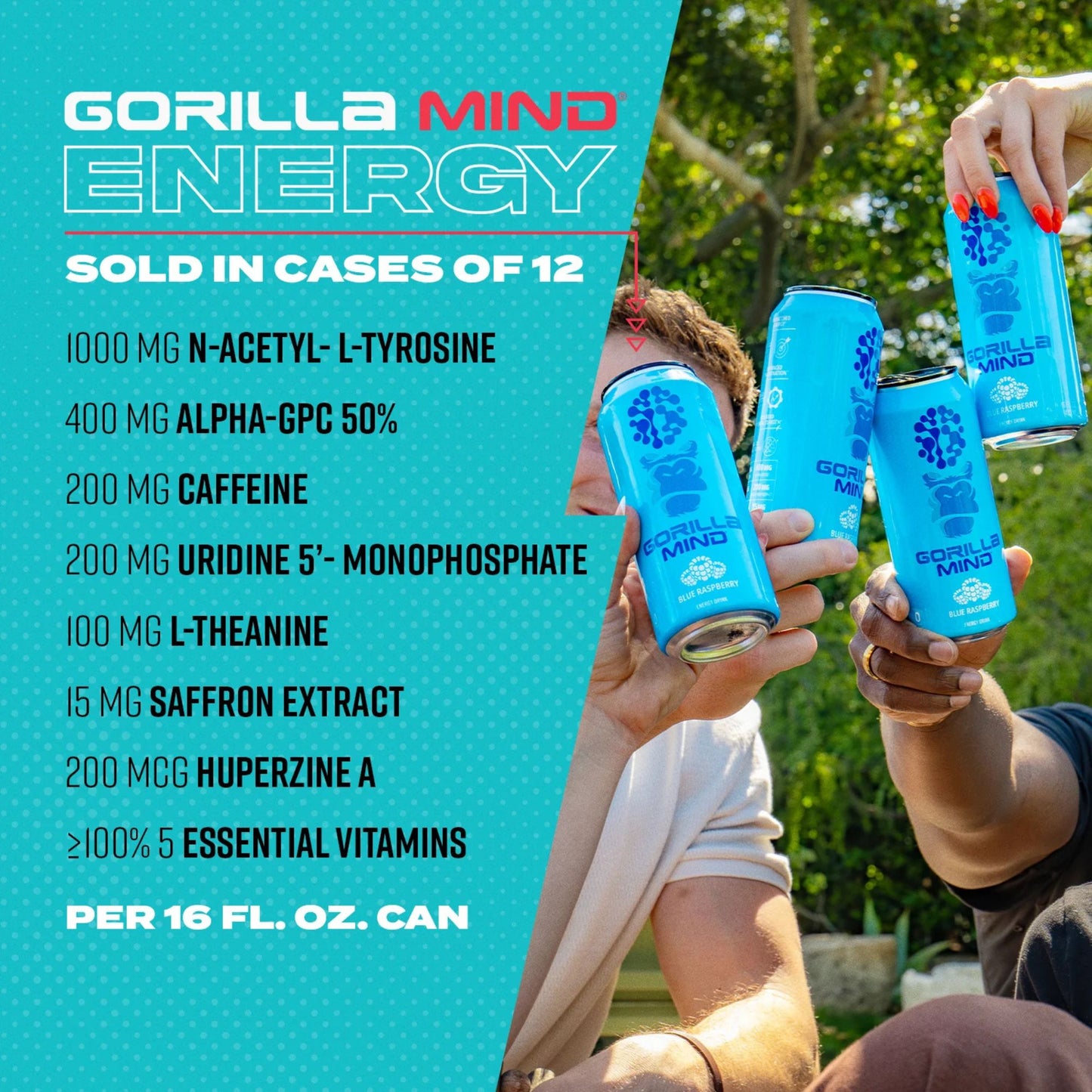 Gorilla Mind Energy Drink – 4‑Flavor Sampler (4‑Pack) or 12‑Can Variety Pack – 16oz Cans – Zero Sugar – 200mg Caffeine