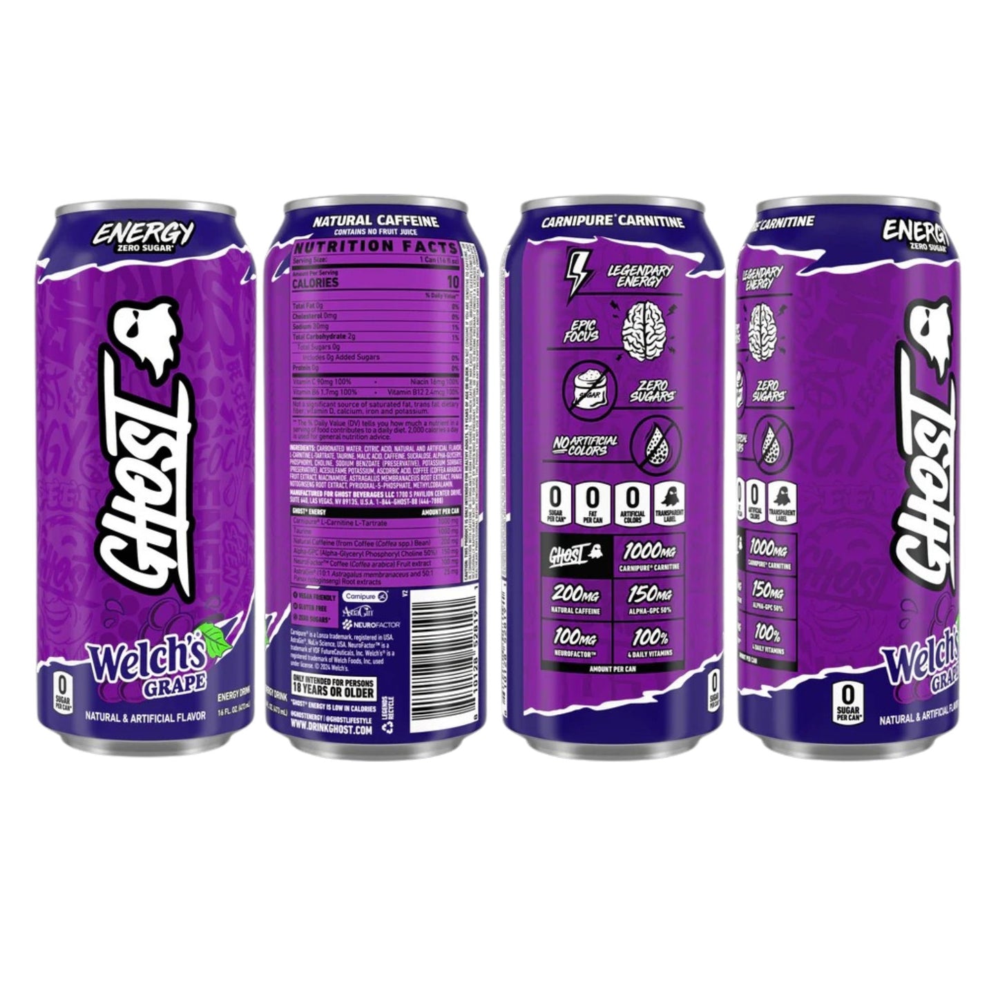 Ghost Energy Drink Variety Pack – 12 Cans (4 Flavors) – Blue Raspberry, Orange Cream, Cherry Limeade, Welch’s Grape – Zero Sugar – 16 fl oz