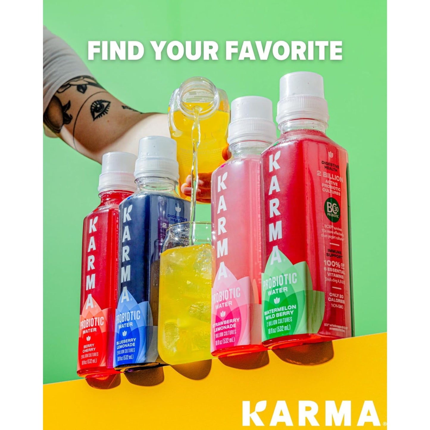 Karma Probiotic Water Variety Pack – 4‑Bottle Sampler or 12‑Bottle Pack – Push‑Cap Vitamins, 2 Billion Cultures, 18 fl oz Bottles