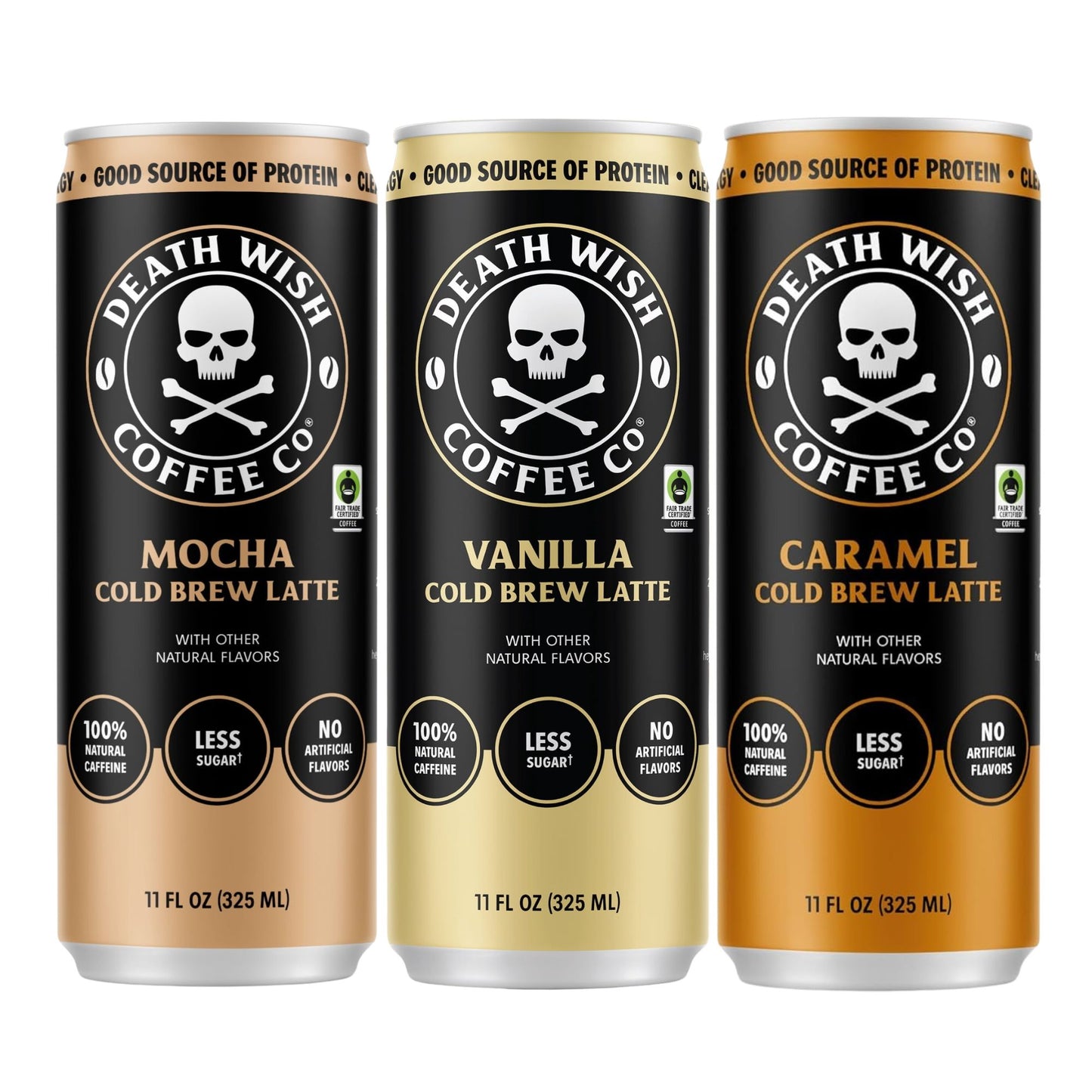 Death Wish Coffee Co. Cold Brew Latte – 3‑Flavor Sampler (6‑Pack) or 12‑Can Variety Pack – 11 fl oz – High‑Caffeine Coffee
