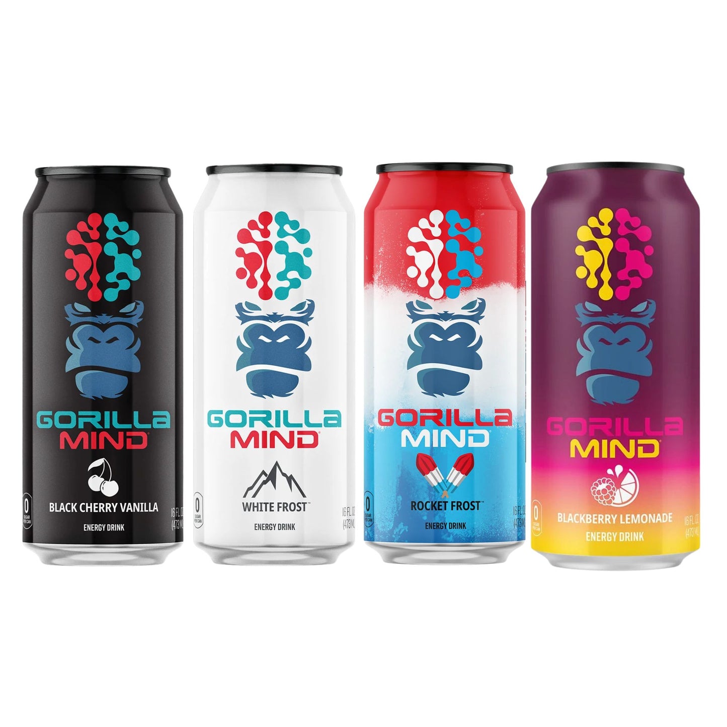 Gorilla Mind Energy Drink – 4‑Flavor Sampler (4‑Pack) or 12‑Can Variety Pack – 16oz Cans – Zero Sugar – 200mg Caffeine