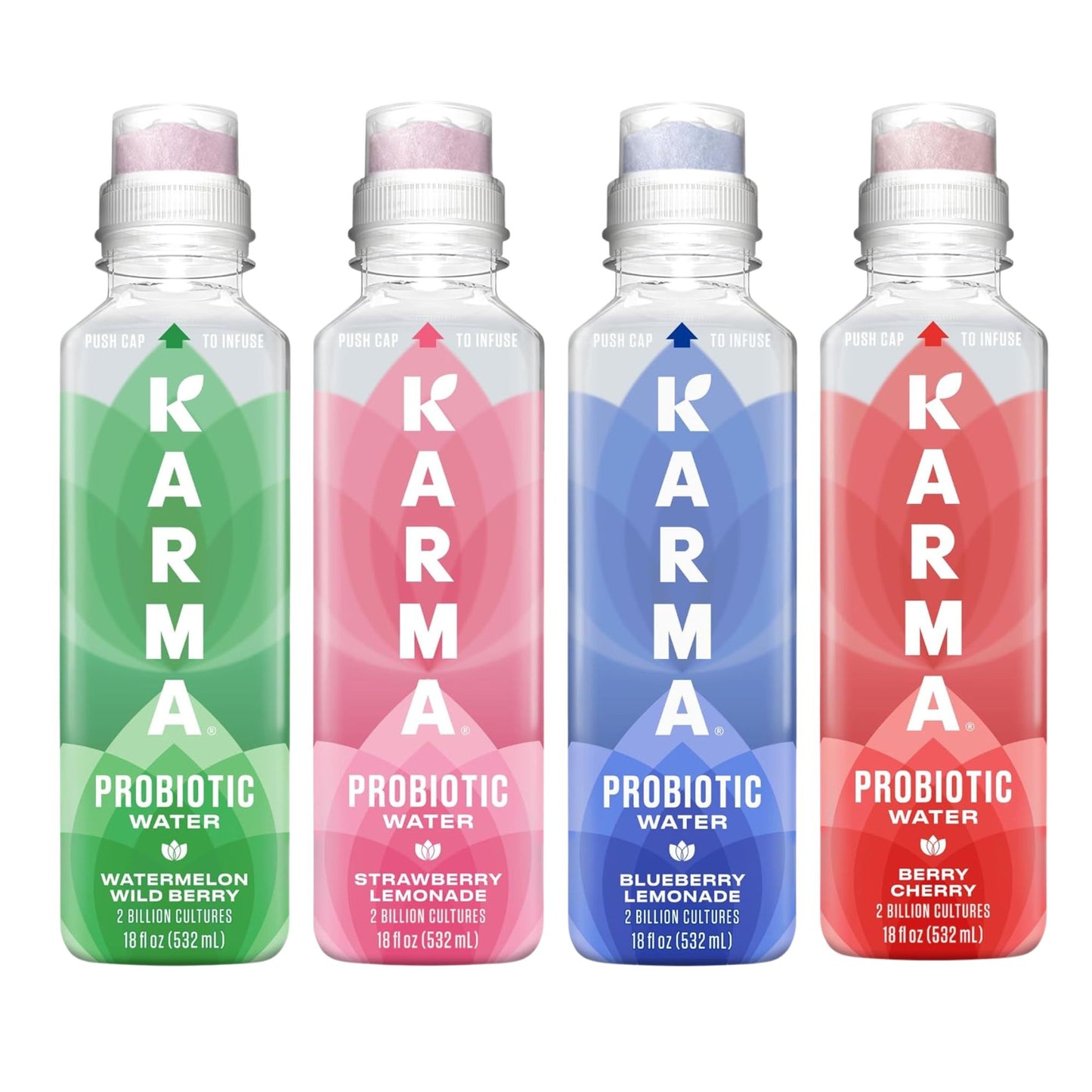 Karma Probiotic Water Variety Pack – 4‑Bottle Sampler or 12‑Bottle Pack – Push‑Cap Vitamins, 2 Billion Cultures, 18 fl oz Bottles