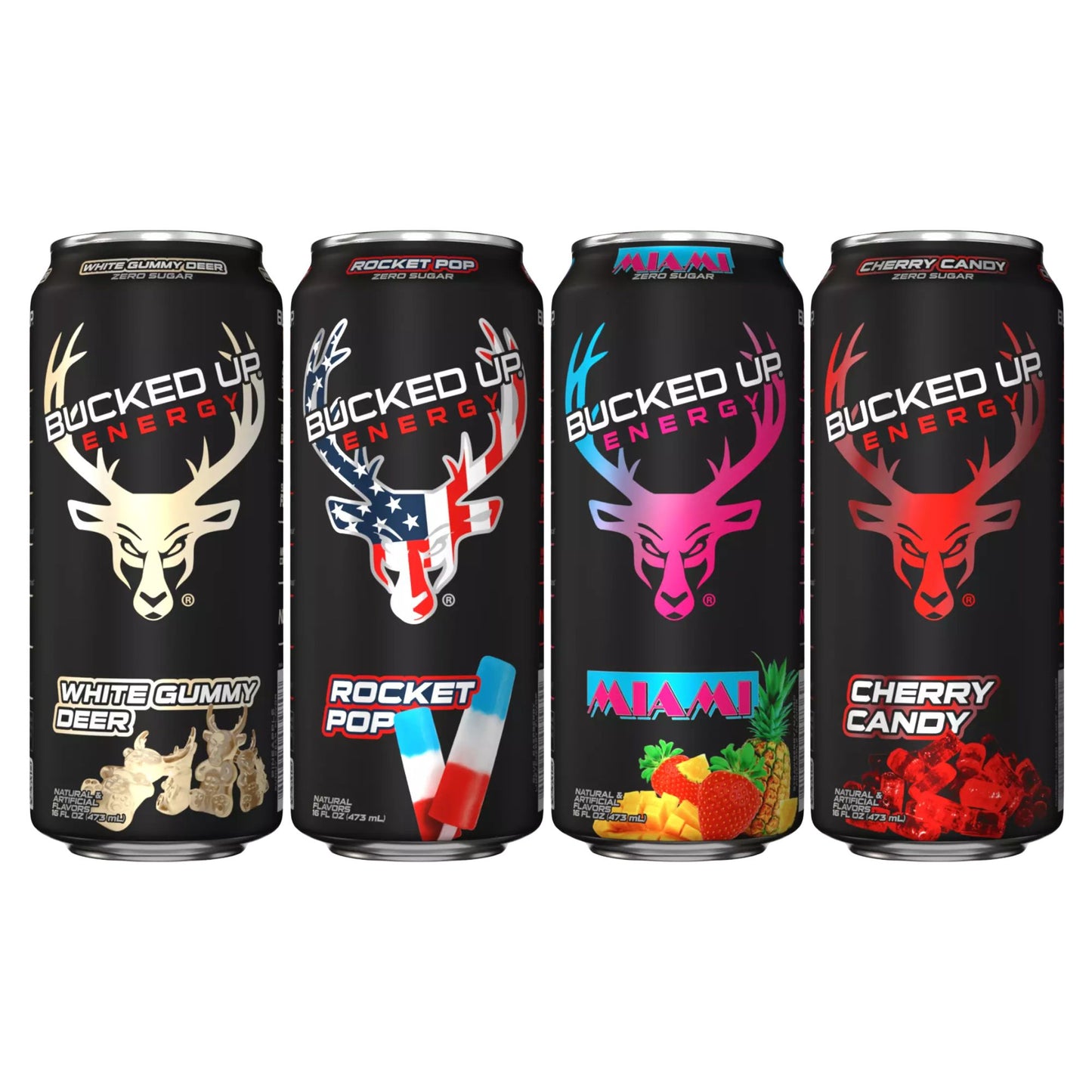 Bucked Up Energy Drink Variety Pack – 4‑Can Sampler or 12‑Can Pack – White Gummy Deer, Rocket Pop, Miami, Cherry Candy – Zero Sugar – 300mg Caffeine