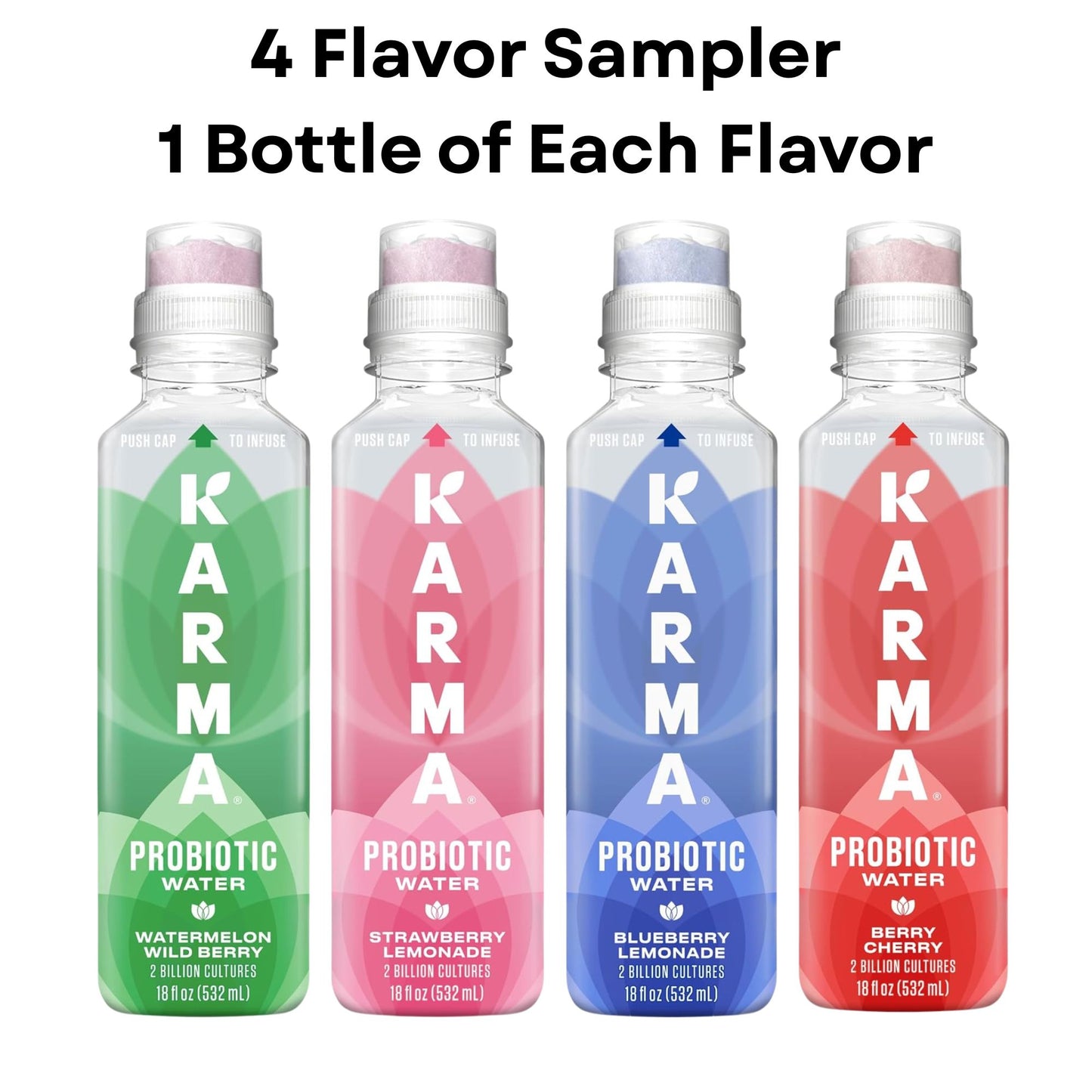 Karma Probiotic Water Variety Pack – 4‑Bottle Sampler or 12‑Bottle Pack – Push‑Cap Vitamins, 2 Billion Cultures, 18 fl oz Bottles