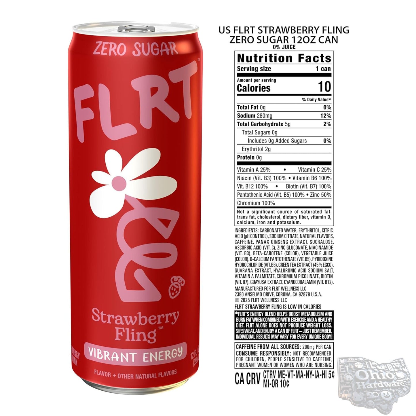 FLRT Energy Drink – 4‑Flavor Sampler (4‑Pack) or 12‑Can Variety Pack – Zero Sugar – Naturally Fruit‑Infused – 12oz Cans