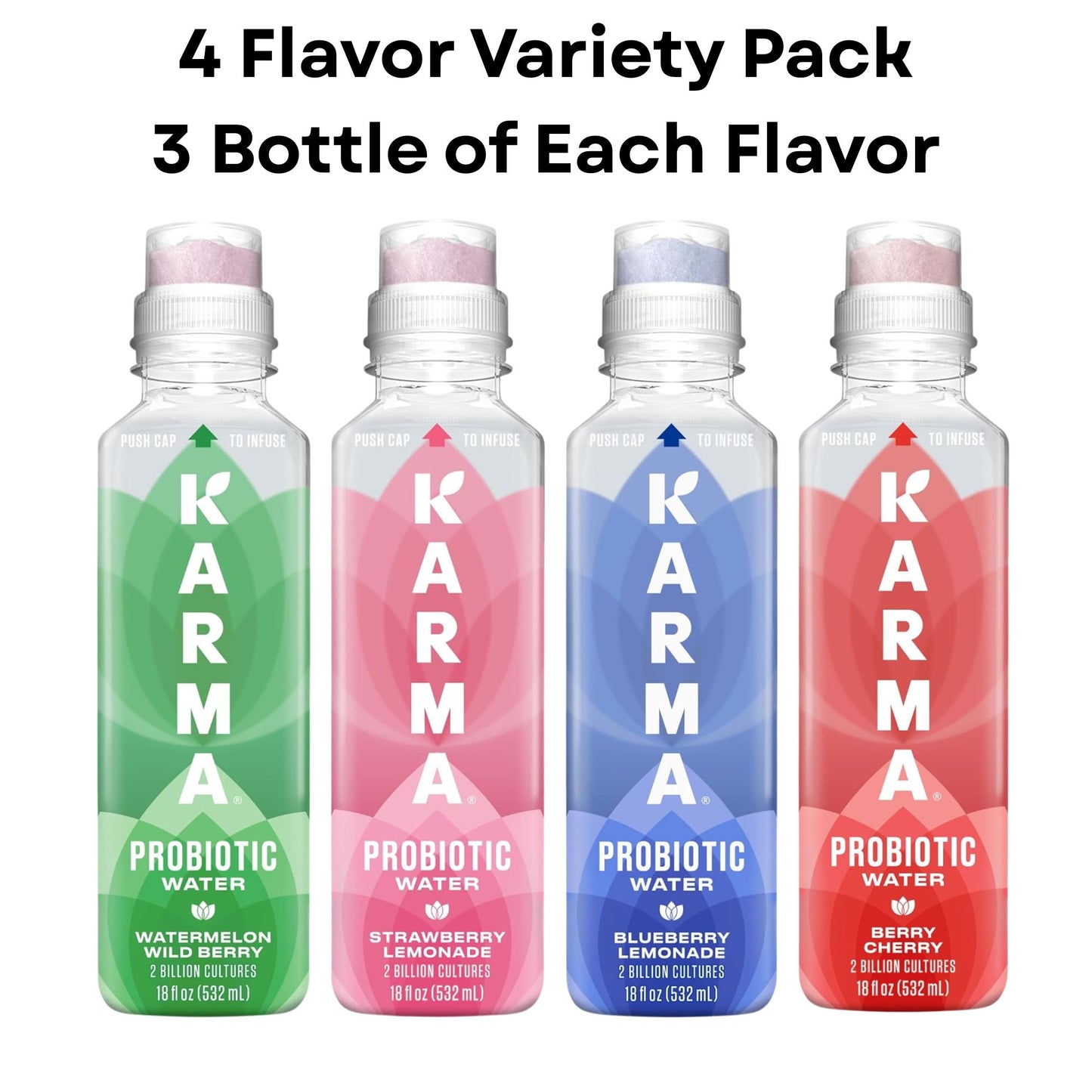 Karma Probiotic Water Variety Pack – 4‑Bottle Sampler or 12‑Bottle Pack – Push‑Cap Vitamins, 2 Billion Cultures, 18 fl oz Bottles