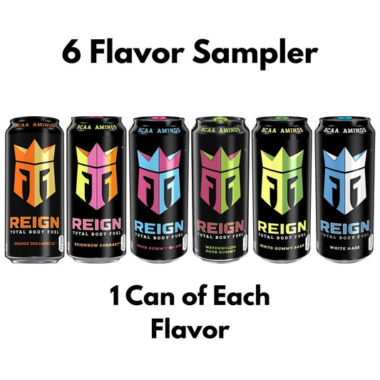 Reign Total Body Fuel – 6‑Flavor Sampler (6‑Pack) or 12‑Can Variety Pack – 16 fl oz – 300mg Caffeine – Zero Sugar