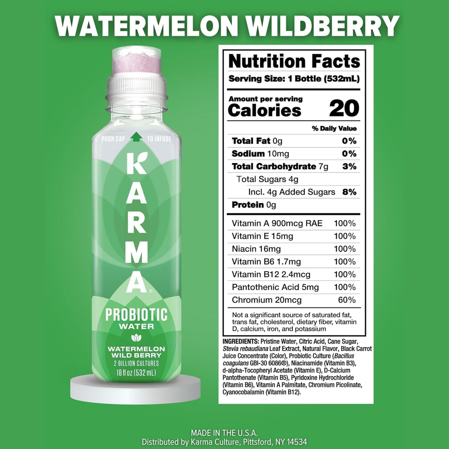Karma Probiotic Water Variety Pack – 4‑Bottle Sampler or 12‑Bottle Pack – Push‑Cap Vitamins, 2 Billion Cultures, 18 fl oz Bottles