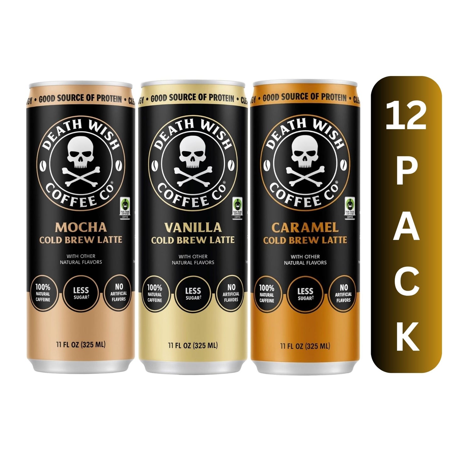 Death Wish Coffee Co. Cold Brew Latte – 3‑Flavor Sampler (6‑Pack) or 12‑Can Variety Pack – 11 fl oz – High‑Caffeine Coffee