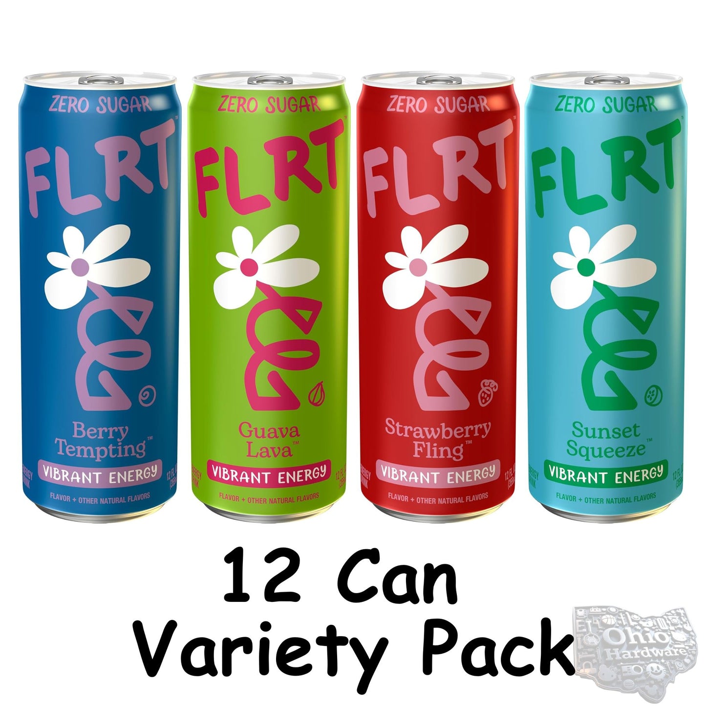 FLRT Energy Drink – 4‑Flavor Sampler (4‑Pack) or 12‑Can Variety Pack – Zero Sugar – Naturally Fruit‑Infused – 12oz Cans