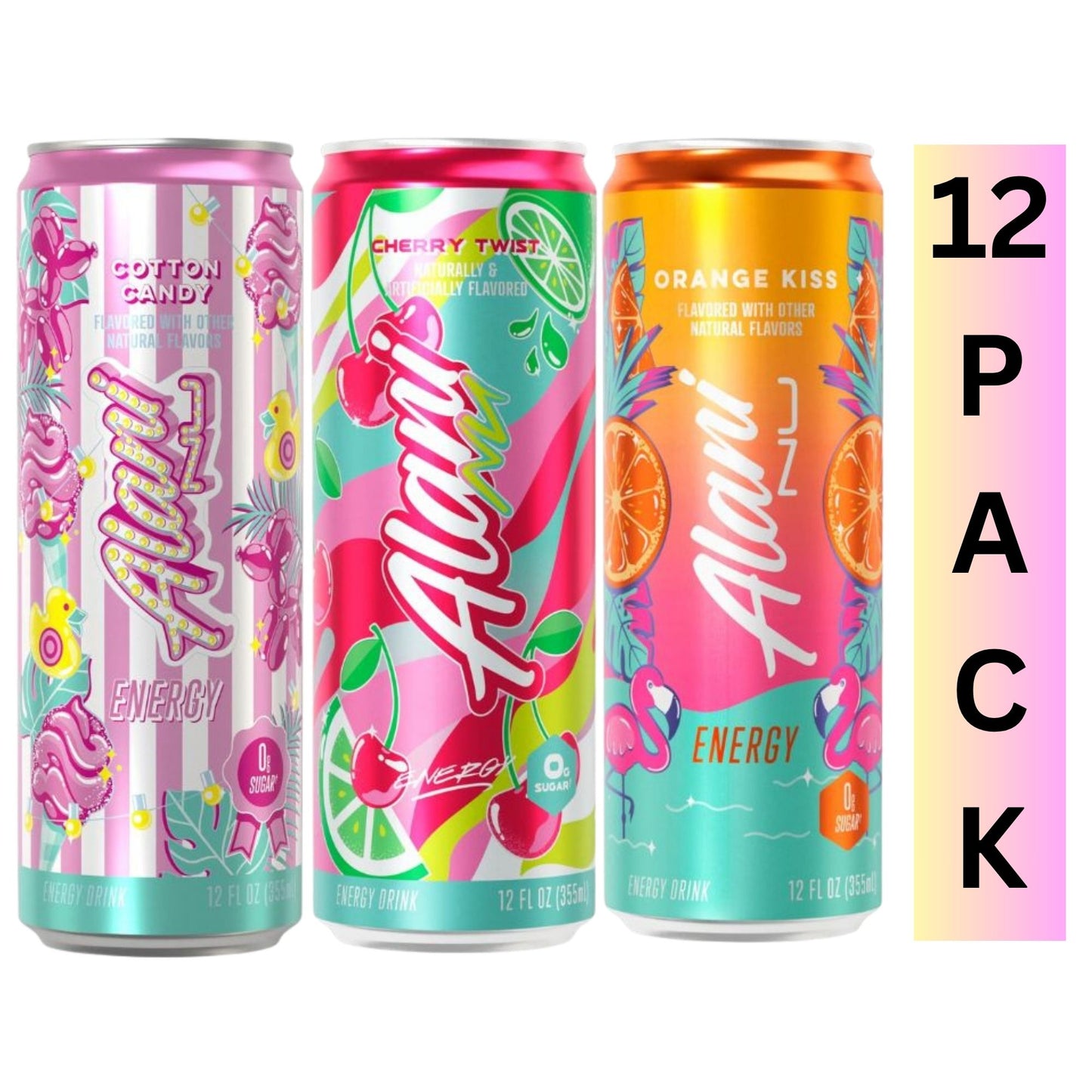 Alani Nu Energy Drink 3‑Flavor Variety Pack – Cotton Candy, Orange Kiss, Cherry Twist – Zero Sugar – 200mg Caffeine