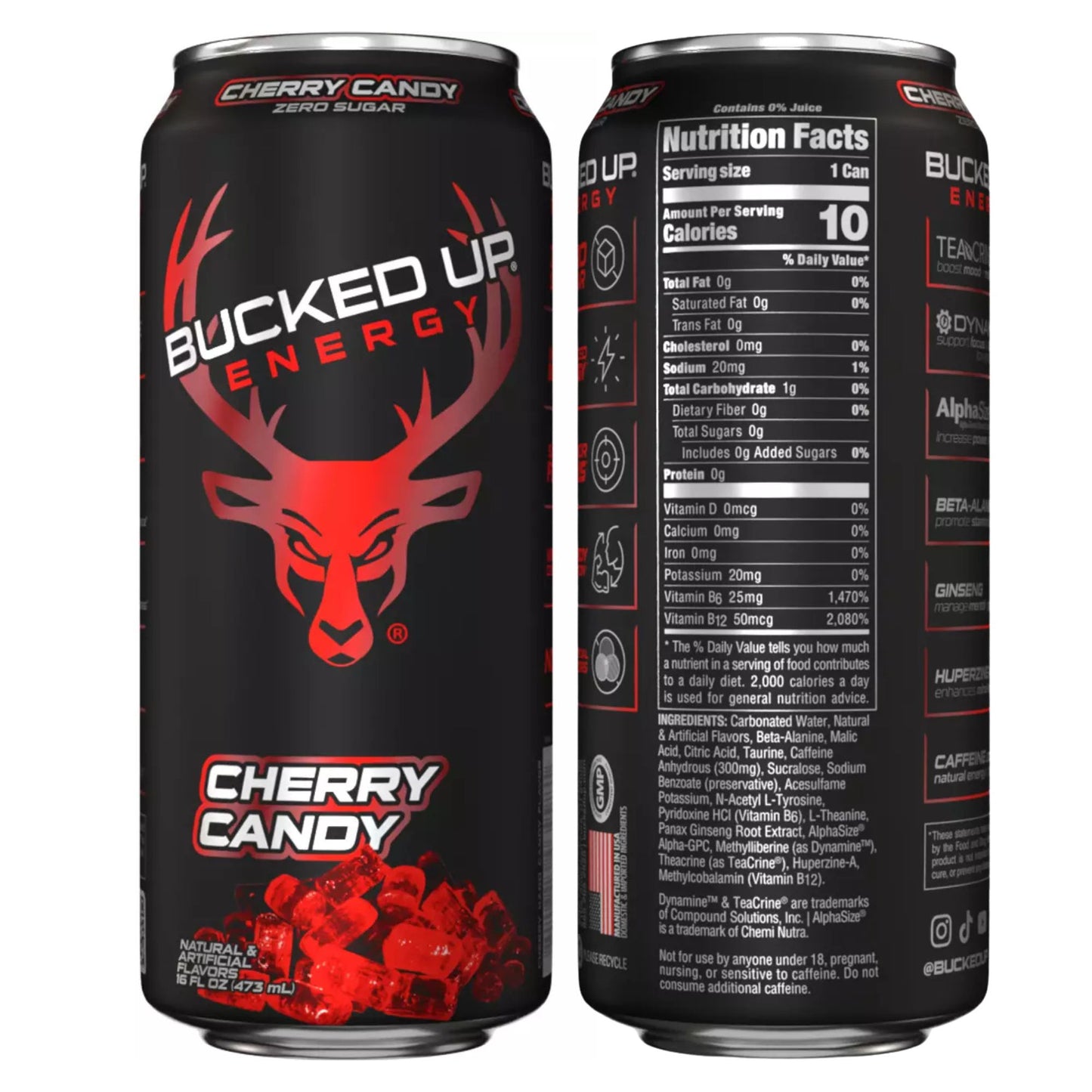 Bucked Up Energy Drink Variety Pack – 4‑Can Sampler or 12‑Can Pack – White Gummy Deer, Rocket Pop, Miami, Cherry Candy – Zero Sugar – 300mg Caffeine