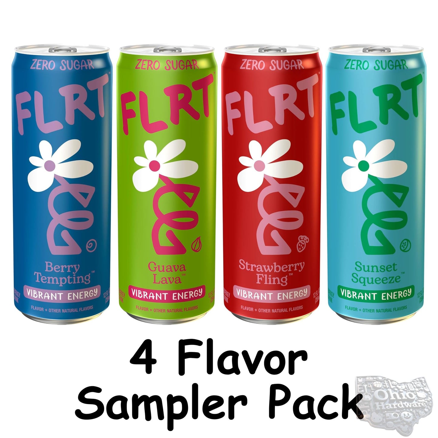 FLRT Energy Drink – 4‑Flavor Sampler (4‑Pack) or 12‑Can Variety Pack – Zero Sugar – Naturally Fruit‑Infused – 12oz Cans