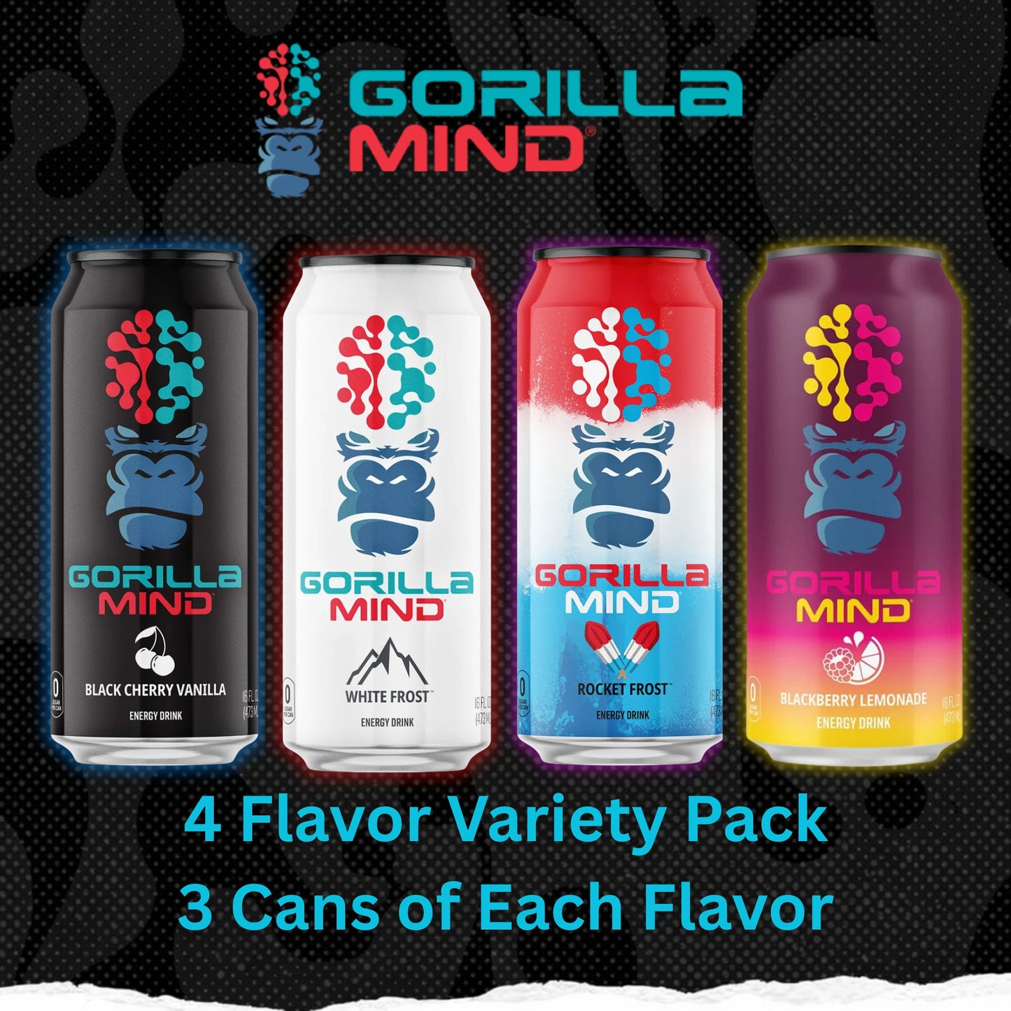 Gorilla Mind Energy Drink – 4‑Flavor Sampler (4‑Pack) or 12‑Can Variety Pack – 16oz Cans – Zero Sugar – 200mg Caffeine