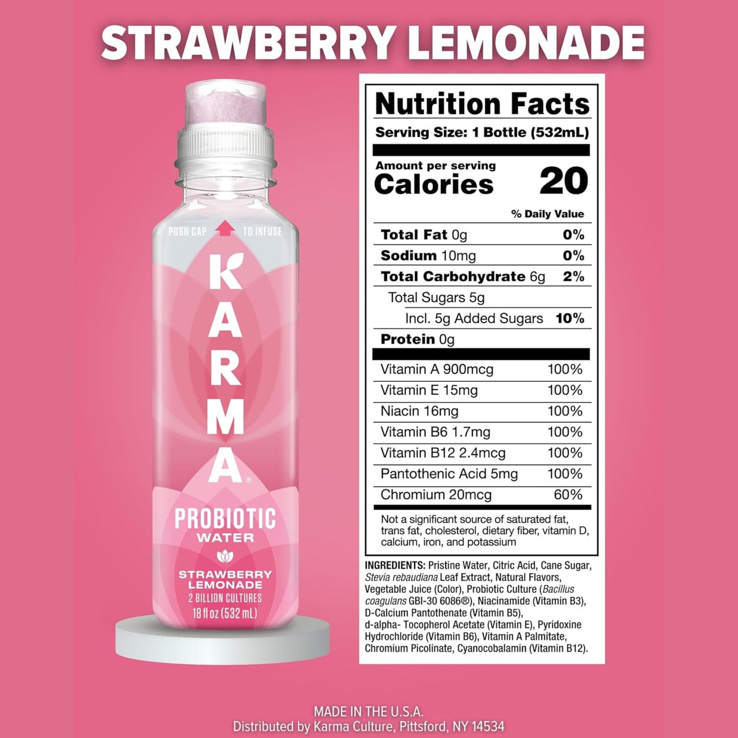 Karma Probiotic Water Variety Pack – 4‑Bottle Sampler or 12‑Bottle Pack – Push‑Cap Vitamins, 2 Billion Cultures, 18 fl oz Bottles