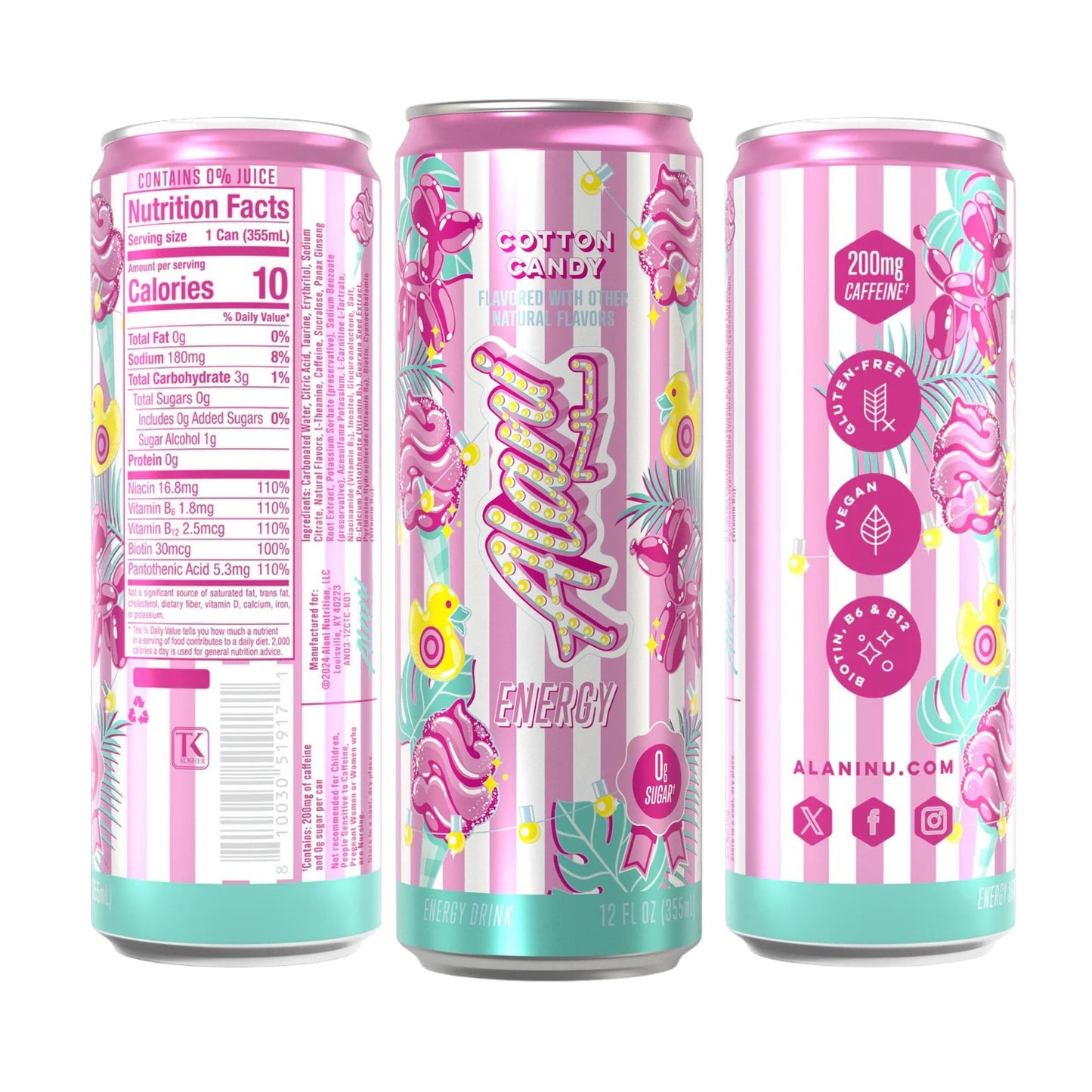 Alani Nu Energy Drink 3‑Flavor Variety Pack – Cotton Candy, Orange Kiss, Cherry Twist – Zero Sugar – 200mg Caffeine