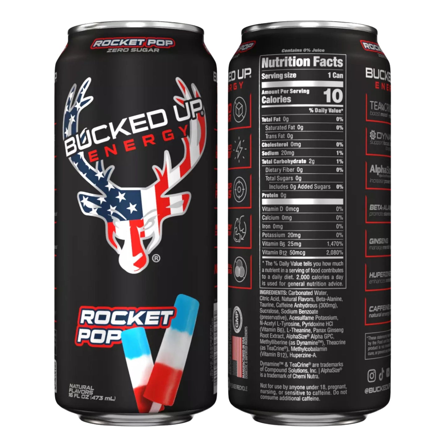 Bucked Up Energy Drink Variety Pack – 4‑Can Sampler or 12‑Can Pack – White Gummy Deer, Rocket Pop, Miami, Cherry Candy – Zero Sugar – 300mg Caffeine