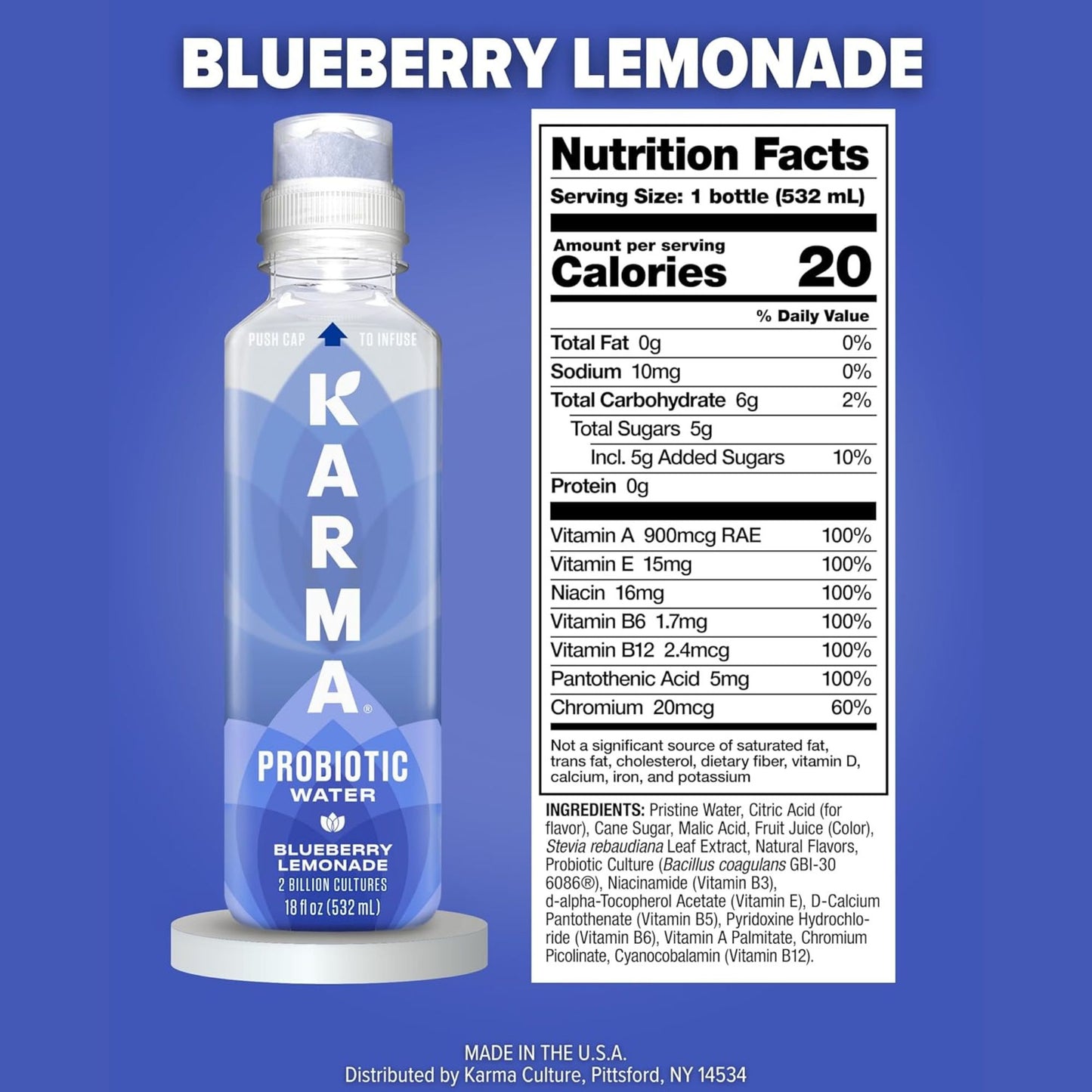 Karma Probiotic Water Variety Pack – 4‑Bottle Sampler or 12‑Bottle Pack – Push‑Cap Vitamins, 2 Billion Cultures, 18 fl oz Bottles
