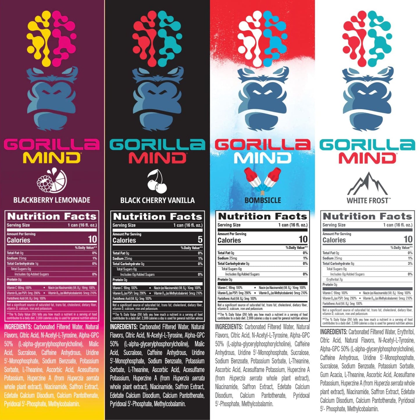 Gorilla Mind Energy Drink – 4‑Flavor Sampler (4‑Pack) or 12‑Can Variety Pack – 16oz Cans – Zero Sugar – 200mg Caffeine
