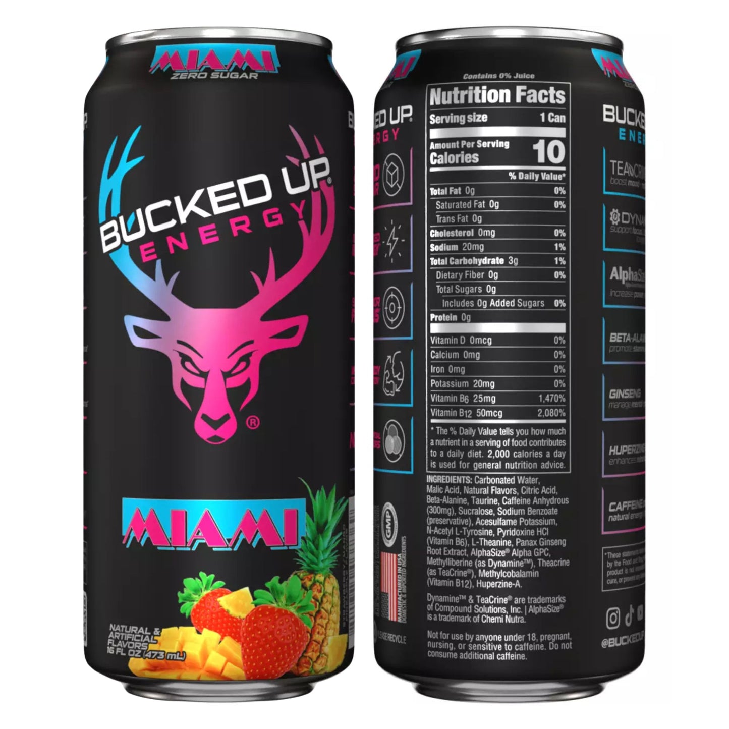 Bucked Up Energy Drink Variety Pack – 4‑Can Sampler or 12‑Can Pack – White Gummy Deer, Rocket Pop, Miami, Cherry Candy – Zero Sugar – 300mg Caffeine