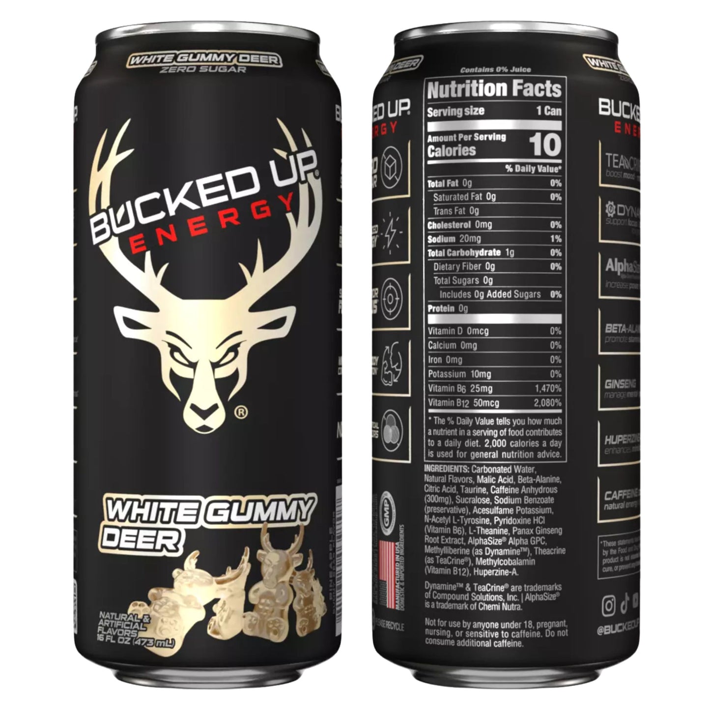 Bucked Up Energy Drink Variety Pack – 4‑Can Sampler or 12‑Can Pack – White Gummy Deer, Rocket Pop, Miami, Cherry Candy – Zero Sugar – 300mg Caffeine