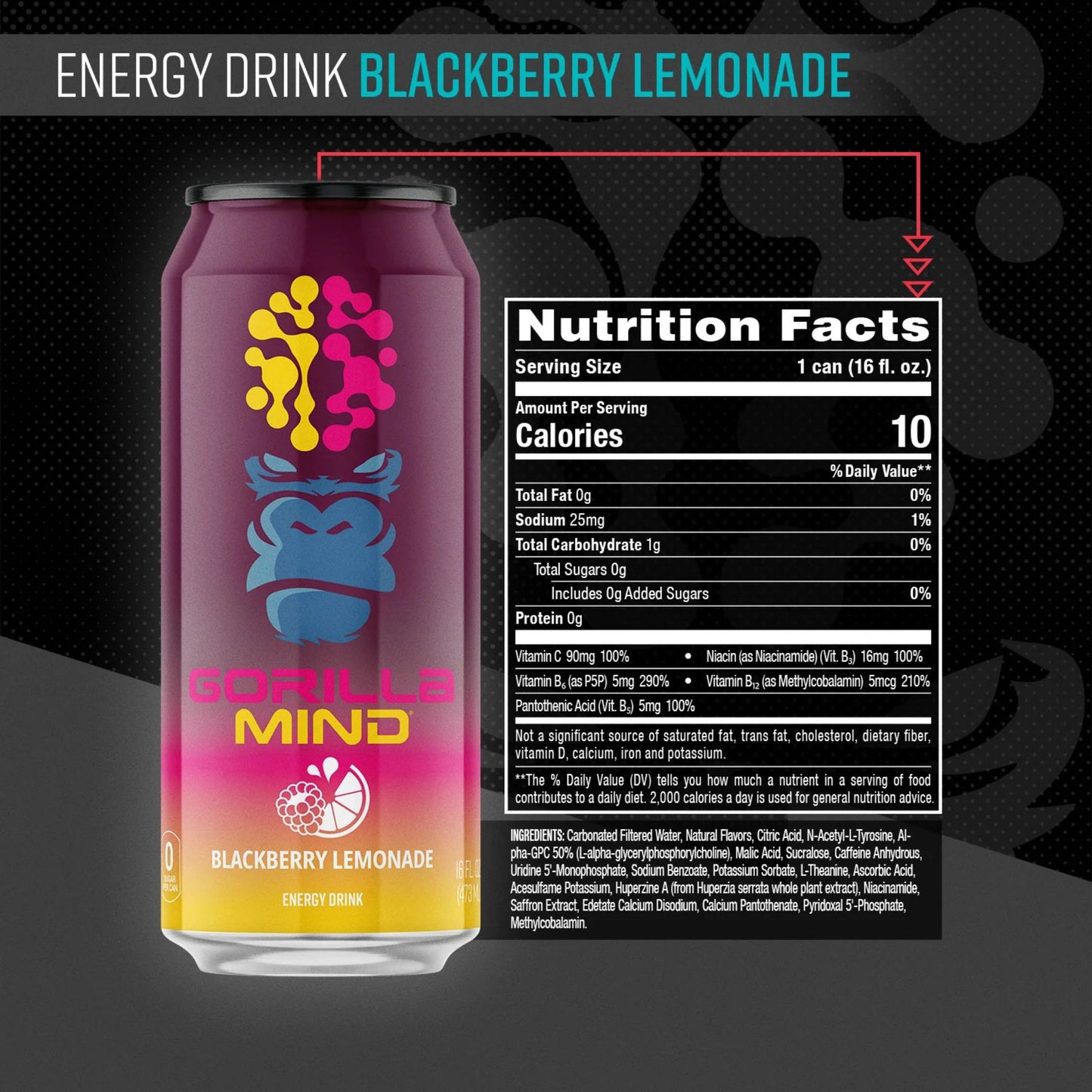 Gorilla Mind Energy Drink – 4‑Flavor Sampler (4‑Pack) or 12‑Can Variety Pack – 16oz Cans – Zero Sugar – 200mg Caffeine