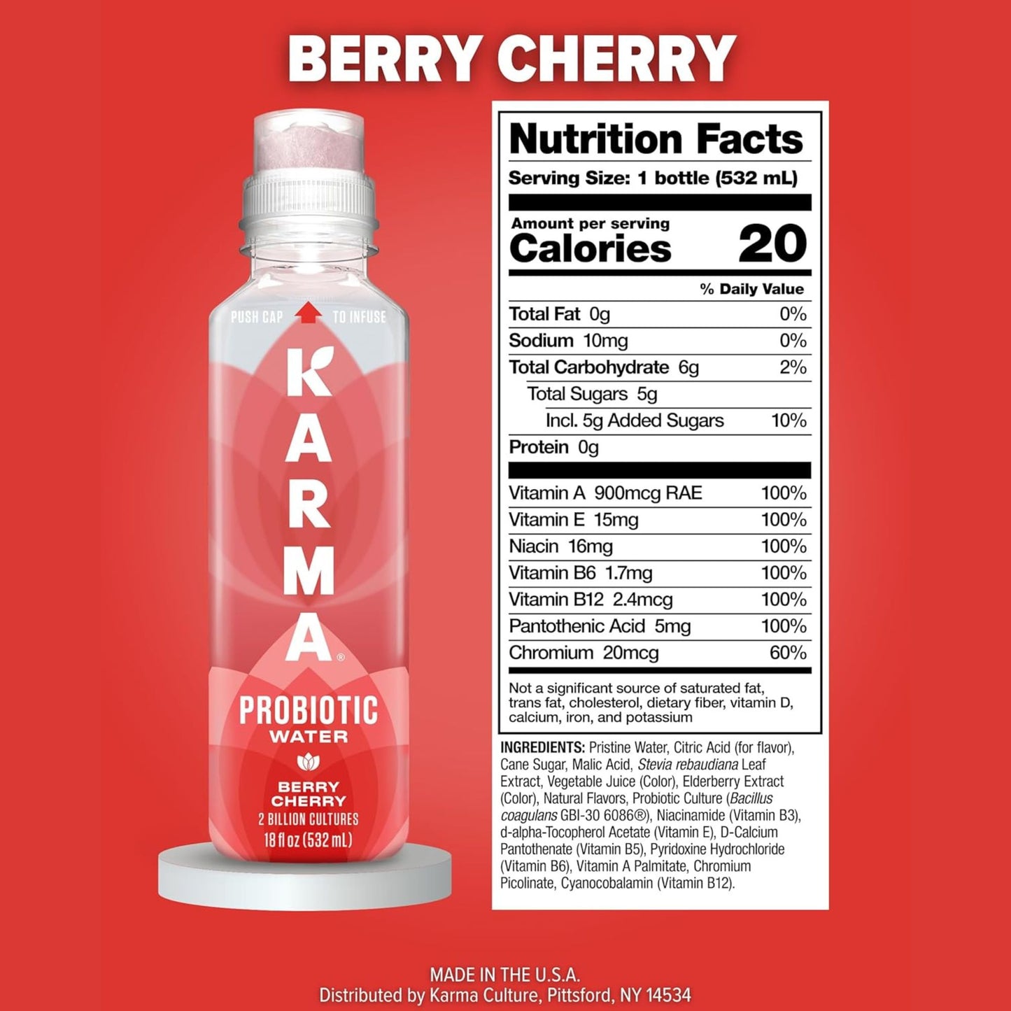 Karma Probiotic Water Variety Pack – 4‑Bottle Sampler or 12‑Bottle Pack – Push‑Cap Vitamins, 2 Billion Cultures, 18 fl oz Bottles