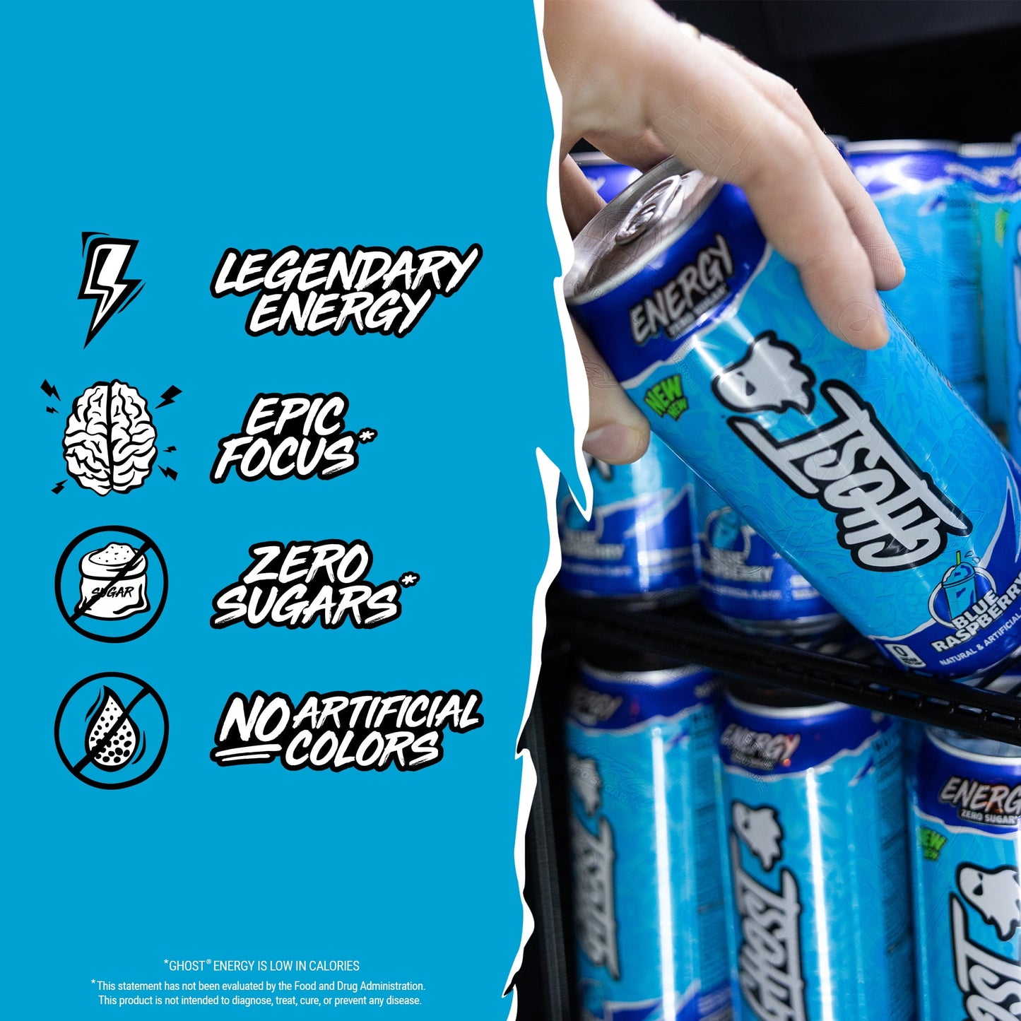 GHOST Zero Sugar Energy Drink, Blue Raspberry, 16 oz Can, 12 Pk