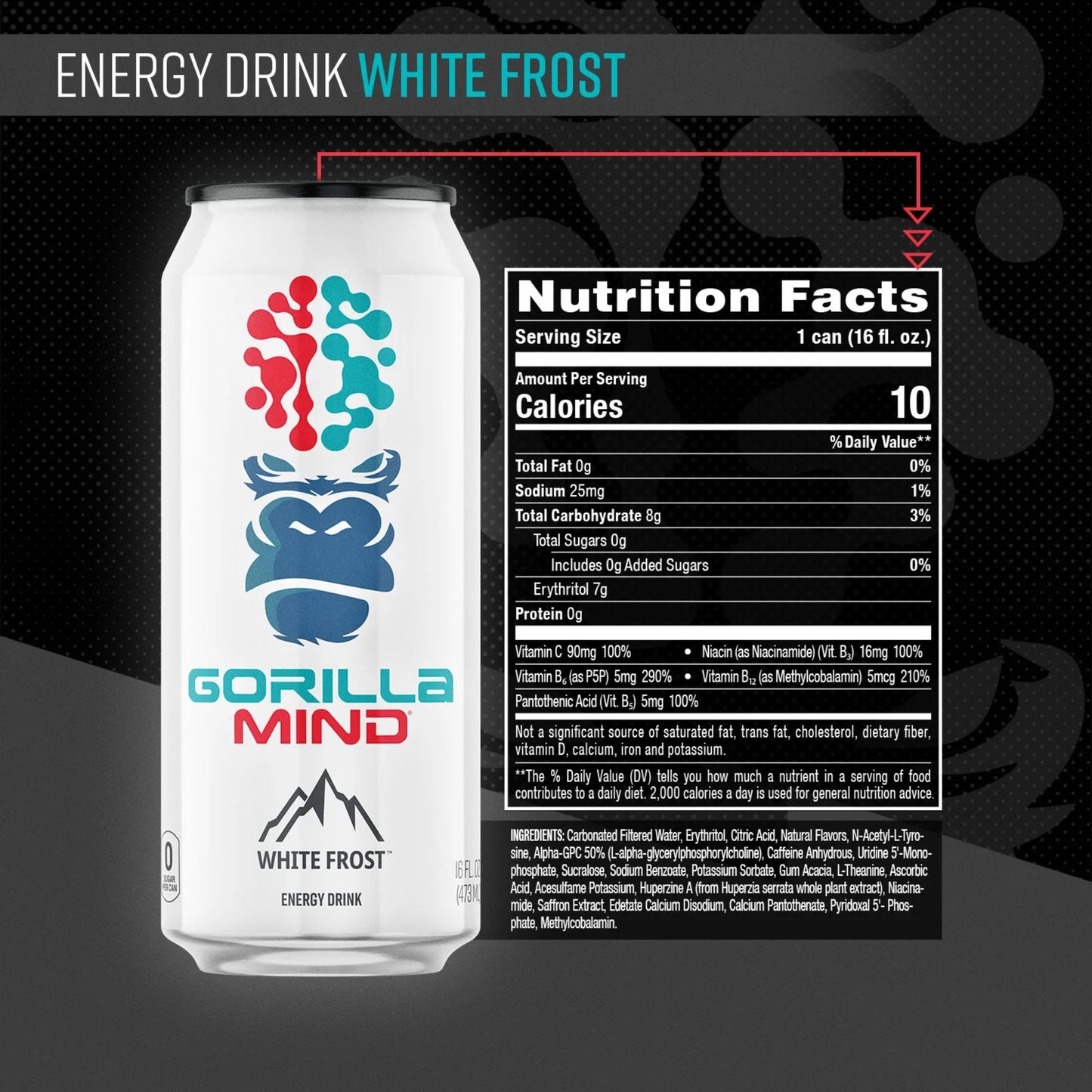Gorilla Mind Energy Drink – 4‑Flavor Sampler (4‑Pack) or 12‑Can Variety Pack – 16oz Cans – Zero Sugar – 200mg Caffeine