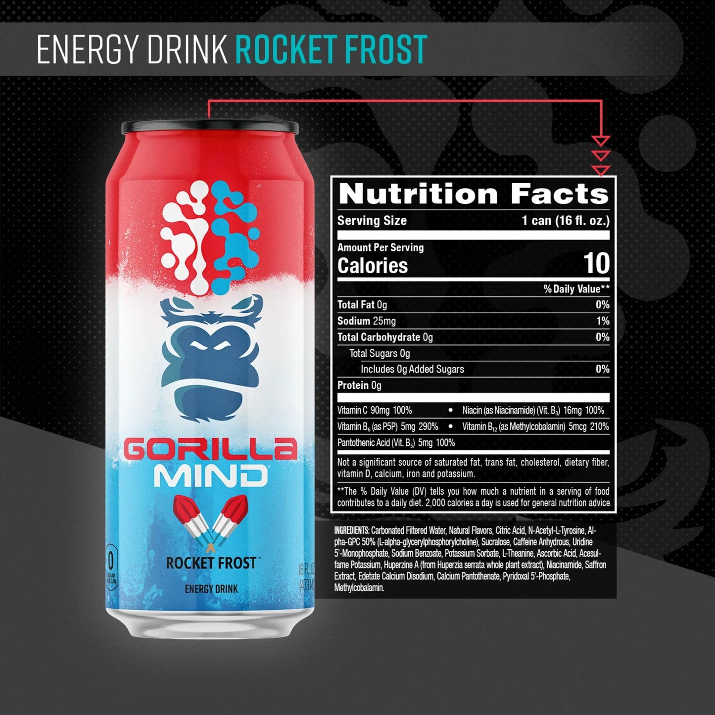 Gorilla Mind Energy Drink – 4‑Flavor Sampler (4‑Pack) or 12‑Can Variety Pack – 16oz Cans – Zero Sugar – 200mg Caffeine