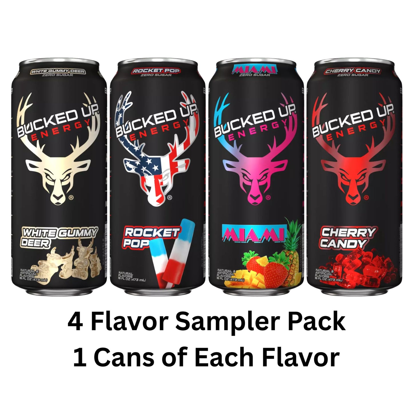 Bucked Up Energy Drink Variety Pack – 4‑Can Sampler or 12‑Can Pack – White Gummy Deer, Rocket Pop, Miami, Cherry Candy – Zero Sugar – 300mg Caffeine