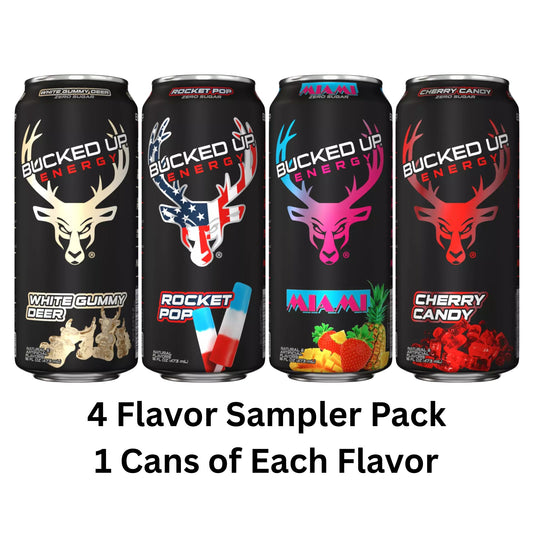 Bucked Up Energy Drink Variety Pack – 4‑Can Sampler or 12‑Can Pack – White Gummy Deer, Rocket Pop, Miami, Cherry Candy – Zero Sugar – 300mg Caffeine