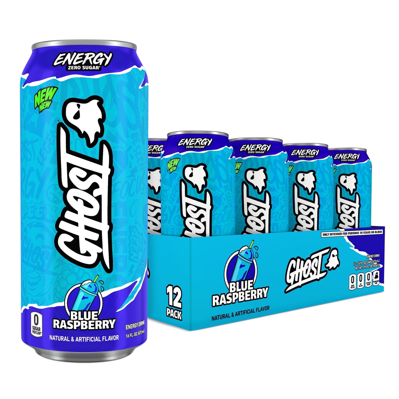 GHOST Zero Sugar Energy Drink, Blue Raspberry, 16 oz Can, 12 Pk ...